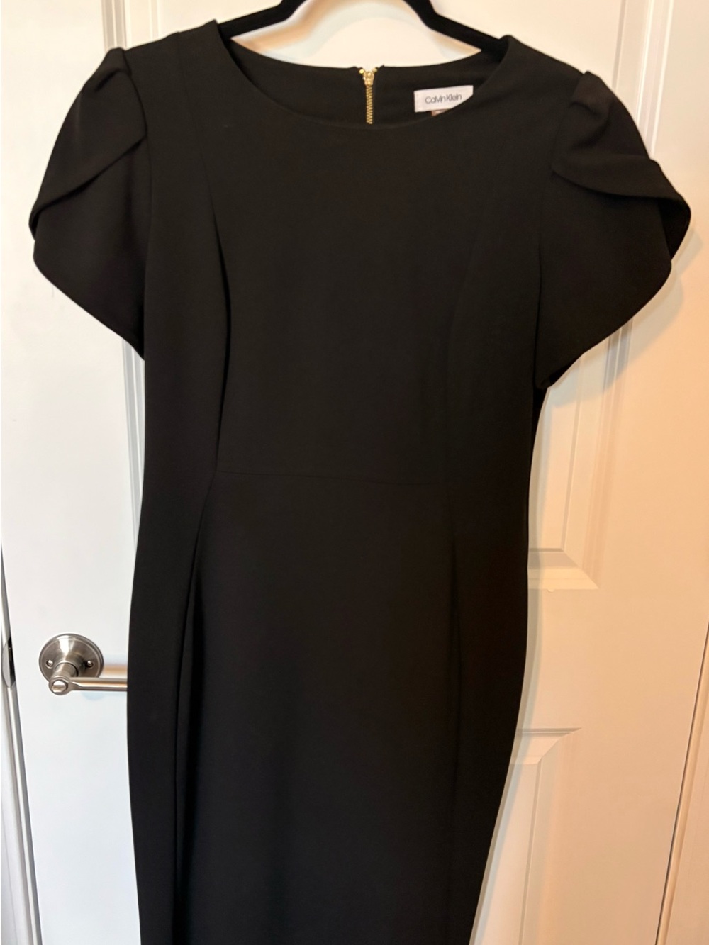 Calvin Klein Black Midi Sheath Dress with Short Puff Sleeves